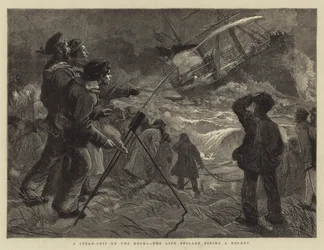 Een stoomschip op de rotsen, de levensbrigade vuurt een raket af